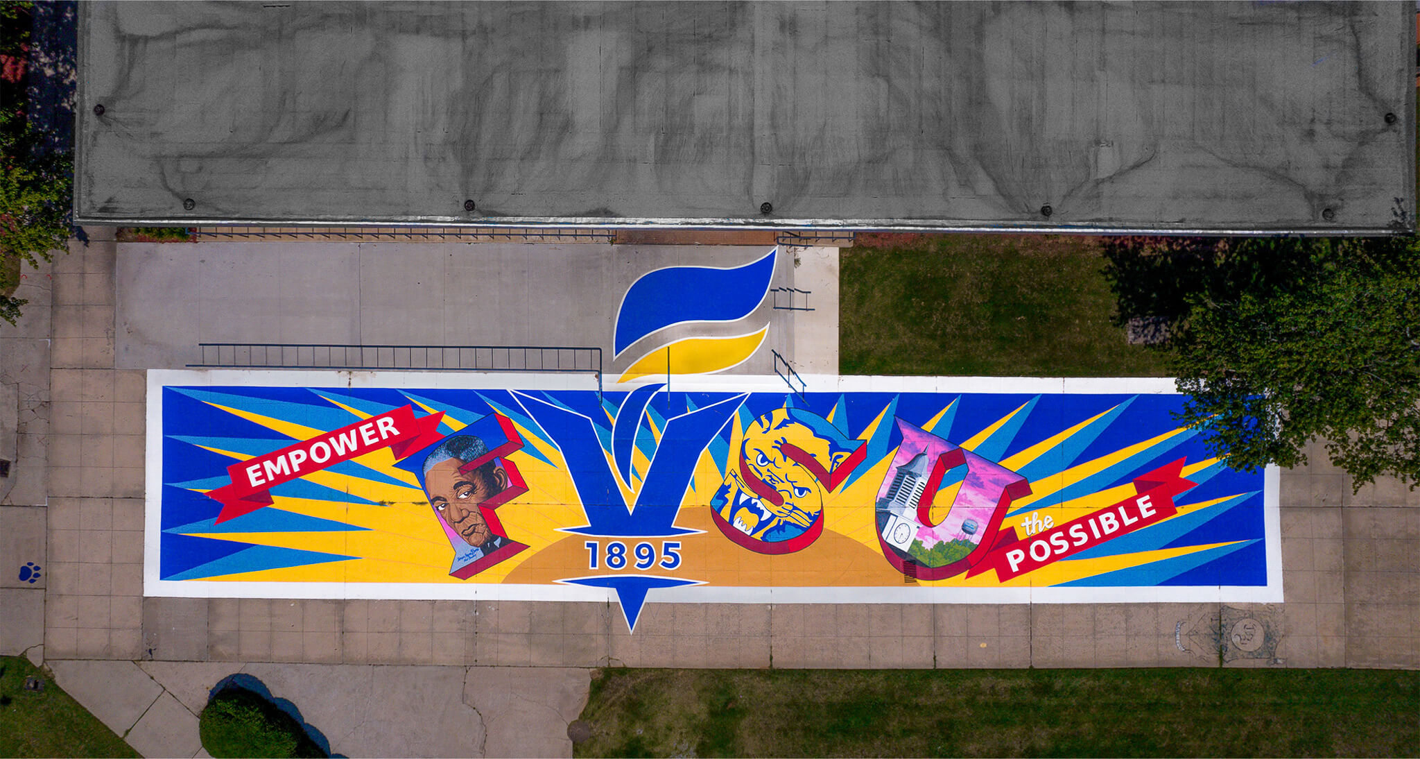 drone shot of FVSU sidewalk mural